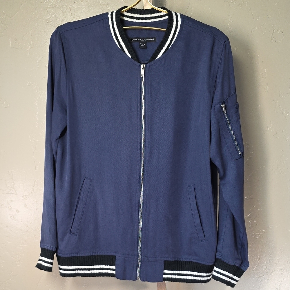 Harlowe & Graham Navy Blue Bomber Jacket with Striped With Black And White Trim